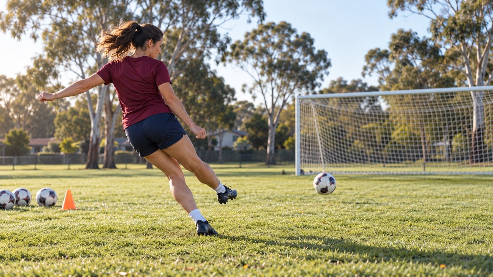 Illustrative woman practising football shooting alone at a local ground