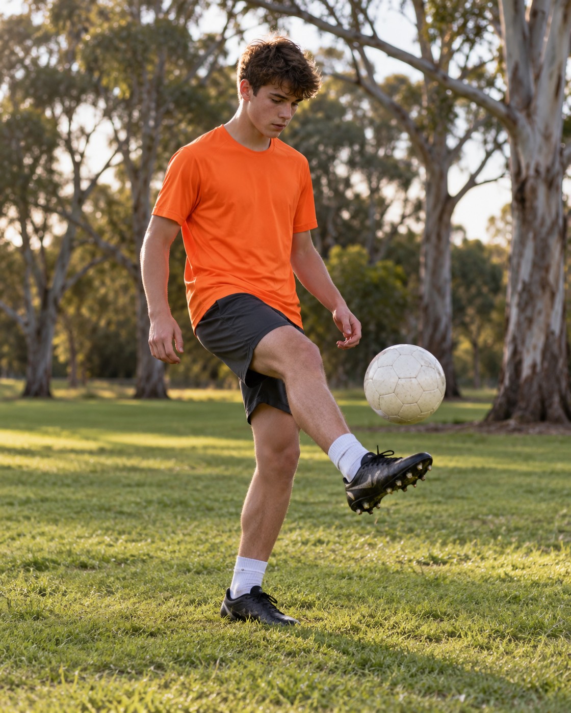 Illustrative boy practising football juggling alone in a park