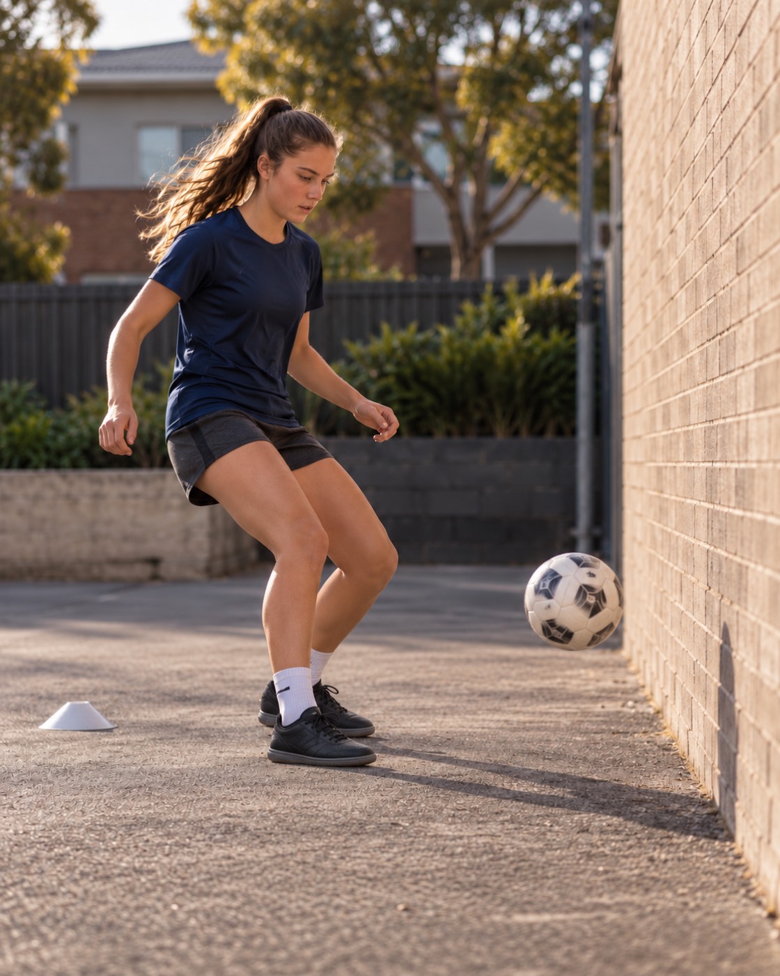 Illustrative girl practising a football wall pass in a courtyard, wearing flat-soled shoes