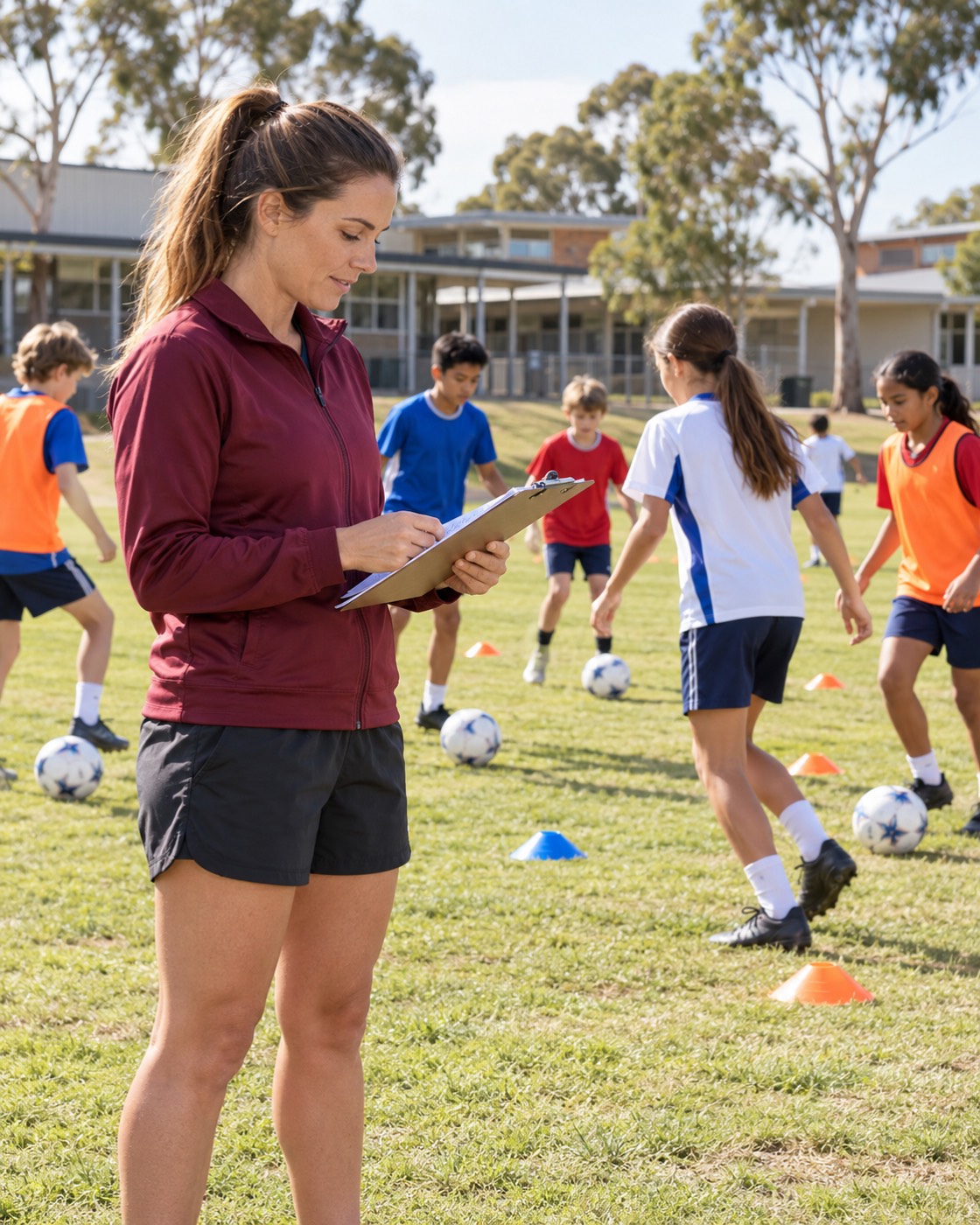 Illustrative school coach reviewing a session plan while younger children practise football nearby